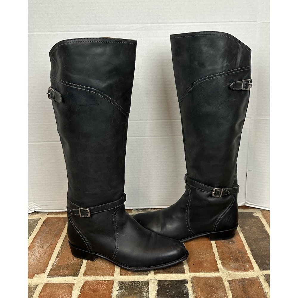 FRYE Dorado Black‎ Leather Knee High Riding Boots Moto Buckle 19" Tall Women 9